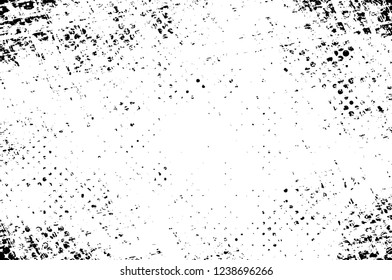 Grunge overlay layer. Abstract black and white vector background. Monochrome vintage surface with dirty pattern in cracks, spots, dots. Old wall in dark horror style design