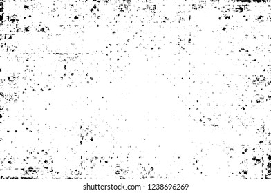 Grunge overlay layer. Abstract black and white vector background. Monochrome vintage surface with dirty pattern in cracks, spots, dots. Old wall in dark horror style design