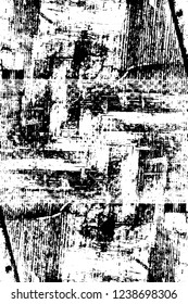 Grunge overlay layer. Abstract black and white vector background. Monochrome vintage surface with dirty pattern in cracks, spots, dots. Old wall in dark horror style design