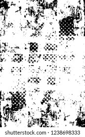 Grunge overlay layer. Abstract black and white vector background. Monochrome vintage surface with dirty pattern in cracks, spots, dots. Old wall in dark horror style design