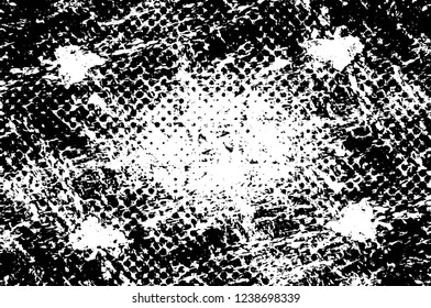 Grunge overlay layer. Abstract black and white vector background. Monochrome vintage surface with dirty pattern in cracks, spots, dots. Old wall in dark horror style design