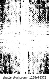 Grunge overlay layer. Abstract black and white vector background. Monochrome vintage surface with dirty pattern in cracks, spots, dots. Old wall in dark horror style design