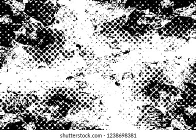 Grunge overlay layer. Abstract black and white vector background. Monochrome vintage surface with dirty pattern in cracks, spots, dots. Old wall in dark horror style design