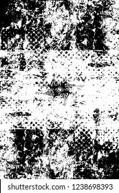Grunge overlay layer. Abstract black and white vector background. Monochrome vintage surface with dirty pattern in cracks, spots, dots. Old wall in dark horror style design