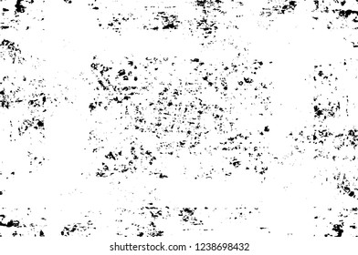 Grunge overlay layer. Abstract black and white vector background. Monochrome vintage surface with dirty pattern in cracks, spots, dots. Old wall in dark horror style design