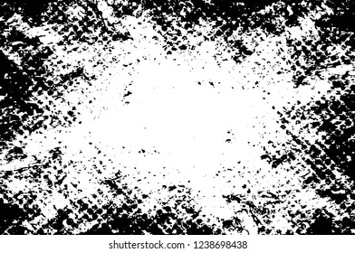 Grunge overlay layer. Abstract black and white vector background. Monochrome vintage surface with dirty pattern in cracks, spots, dots. Old wall in dark horror style design