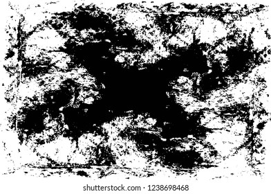 Grunge overlay layer. Abstract black and white vector background. Monochrome vintage surface with dirty pattern in cracks, spots, dots. Old wall in dark horror style design