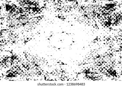 Grunge overlay layer. Abstract black and white vector background. Monochrome vintage surface with dirty pattern in cracks, spots, dots. Old wall in dark horror style design