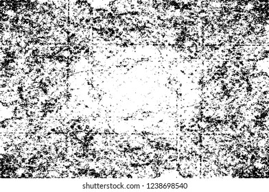 Grunge overlay layer. Abstract black and white vector background. Monochrome vintage surface with dirty pattern in cracks, spots, dots. Old wall in dark horror style design