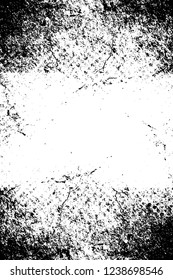 Grunge overlay layer. Abstract black and white vector background. Monochrome vintage surface with dirty pattern in cracks, spots, dots. Old wall in dark horror style design