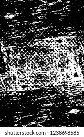 Grunge overlay layer. Abstract black and white vector background. Monochrome vintage surface with dirty pattern in cracks, spots, dots. Old wall in dark horror style design