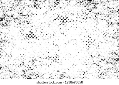 Grunge overlay layer. Abstract black and white vector background. Monochrome vintage surface with dirty pattern in cracks, spots, dots. Old wall in dark horror style design