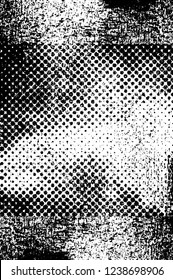 Grunge overlay layer. Abstract black and white vector background. Monochrome vintage surface with dirty pattern in cracks, spots, dots. Old wall in dark horror style design