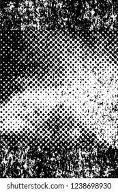 Grunge overlay layer. Abstract black and white vector background. Monochrome vintage surface with dirty pattern in cracks, spots, dots. Old wall in dark horror style design