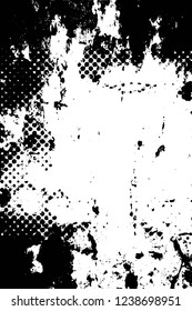 Grunge overlay layer. Abstract black and white vector background. Monochrome vintage surface with dirty pattern in cracks, spots, dots. Old wall in dark horror style design