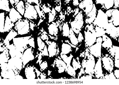Grunge overlay layer. Abstract black and white vector background. Monochrome vintage surface with dirty pattern in cracks, spots, dots. Old wall in dark horror style design