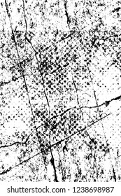 Grunge overlay layer. Abstract black and white vector background. Monochrome vintage surface with dirty pattern in cracks, spots, dots. Old wall in dark horror style design