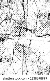 Grunge overlay layer. Abstract black and white vector background. Monochrome vintage surface with dirty pattern in cracks, spots, dots. Old wall in dark horror style design