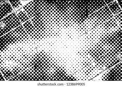 Grunge overlay layer. Abstract black and white vector background. Monochrome vintage surface with dirty pattern in cracks, spots, dots. Old wall in dark horror style design