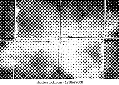 Grunge overlay layer. Abstract black and white vector background. Monochrome vintage surface with dirty pattern in cracks, spots, dots. Old wall in dark horror style design