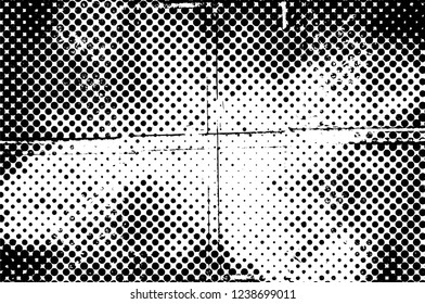 Grunge overlay layer. Abstract black and white vector background. Monochrome vintage surface with dirty pattern in cracks, spots, dots. Old wall in dark horror style design