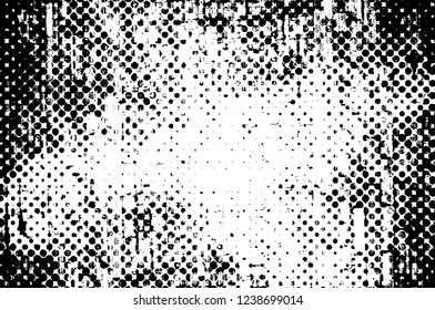 Grunge overlay layer. Abstract black and white vector background. Monochrome vintage surface with dirty pattern in cracks, spots, dots. Old wall in dark horror style design