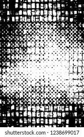 Grunge overlay layer. Abstract black and white vector background. Monochrome vintage surface with dirty pattern in cracks, spots, dots. Old wall in dark horror style design