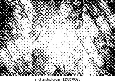 Grunge overlay layer. Abstract black and white vector background. Monochrome vintage surface with dirty pattern in cracks, spots, dots. Old wall in dark horror style design