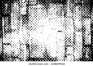 Grunge overlay layer. Abstract black and white vector background. Monochrome vintage surface with dirty pattern in cracks, spots, dots. Old wall in dark horror style design