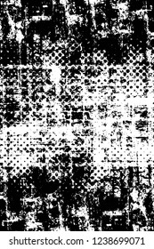 Grunge overlay layer. Abstract black and white vector background. Monochrome vintage surface with dirty pattern in cracks, spots, dots. Old wall in dark horror style design