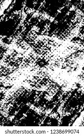 Grunge overlay layer. Abstract black and white vector background. Monochrome vintage surface with dirty pattern in cracks, spots, dots. Old wall in dark horror style design