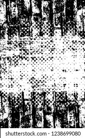 Grunge overlay layer. Abstract black and white vector background. Monochrome vintage surface with dirty pattern in cracks, spots, dots. Old wall in dark horror style design