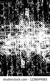 Grunge overlay layer. Abstract black and white vector background. Monochrome vintage surface with dirty pattern in cracks, spots, dots. Old wall in dark horror style design