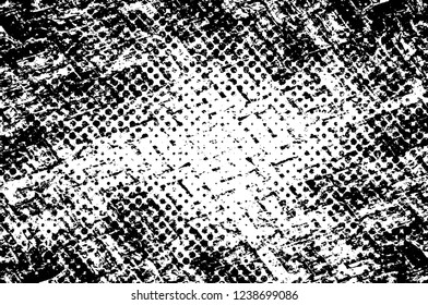 Grunge overlay layer. Abstract black and white vector background. Monochrome vintage surface with dirty pattern in cracks, spots, dots. Old wall in dark horror style design