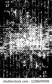 Grunge overlay layer. Abstract black and white vector background. Monochrome vintage surface with dirty pattern in cracks, spots, dots. Old wall in dark horror style design