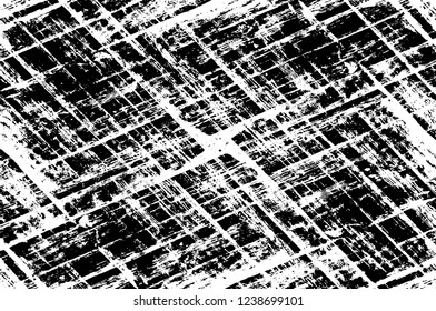 Grunge overlay layer. Abstract black and white vector background. Monochrome vintage surface with dirty pattern in cracks, spots, dots. Old wall in dark horror style design