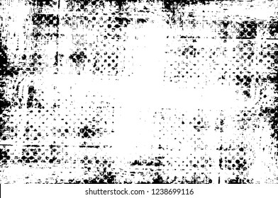 Grunge overlay layer. Abstract black and white vector background. Monochrome vintage surface with dirty pattern in cracks, spots, dots. Old wall in dark horror style design