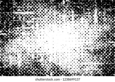 Grunge overlay layer. Abstract black and white vector background. Monochrome vintage surface with dirty pattern in cracks, spots, dots. Old wall in dark horror style design