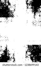 Grunge overlay layer. Abstract black and white vector background. Monochrome vintage surface with dirty pattern in cracks, spots, dots. Old wall in dark horror style design