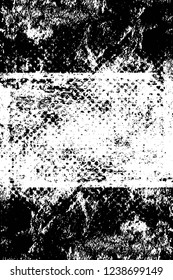 Grunge overlay layer. Abstract black and white vector background. Monochrome vintage surface with dirty pattern in cracks, spots, dots. Old wall in dark horror style design