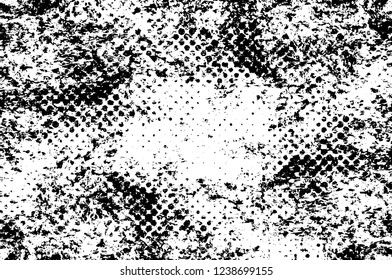 Grunge overlay layer. Abstract black and white vector background. Monochrome vintage surface with dirty pattern in cracks, spots, dots. Old wall in dark horror style design