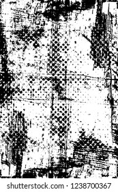 Grunge overlay layer. Abstract black and white vector background. Monochrome vintage surface with dirty pattern in cracks, spots, dots. Old wall in dark horror style design