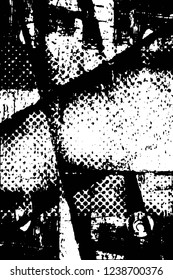 Grunge overlay layer. Abstract black and white vector background. Monochrome vintage surface with dirty pattern in cracks, spots, dots. Old wall in dark horror style design