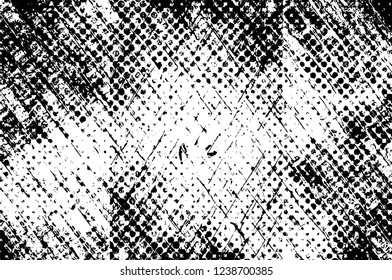 Grunge overlay layer. Abstract black and white vector background. Monochrome vintage surface with dirty pattern in cracks, spots, dots. Old wall in dark horror style design
