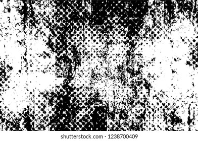 Grunge overlay layer. Abstract black and white vector background. Monochrome vintage surface with dirty pattern in cracks, spots, dots. Old wall in dark horror style design