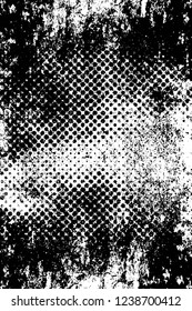 Grunge overlay layer. Abstract black and white vector background. Monochrome vintage surface with dirty pattern in cracks, spots, dots. Old wall in dark horror style design