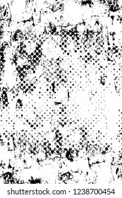 Grunge overlay layer. Abstract black and white vector background. Monochrome vintage surface with dirty pattern in cracks, spots, dots. Old wall in dark horror style design