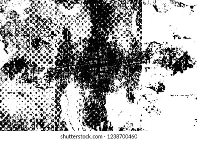 Grunge overlay layer. Abstract black and white vector background. Monochrome vintage surface with dirty pattern in cracks, spots, dots. Old wall in dark horror style design