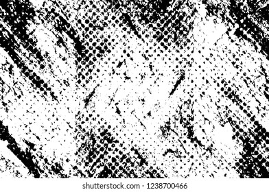 Grunge overlay layer. Abstract black and white vector background. Monochrome vintage surface with dirty pattern in cracks, spots, dots. Old wall in dark horror style design