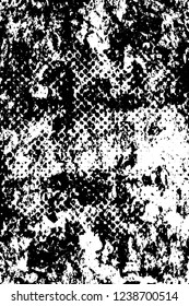 Grunge overlay layer. Abstract black and white vector background. Monochrome vintage surface with dirty pattern in cracks, spots, dots. Old wall in dark horror style design